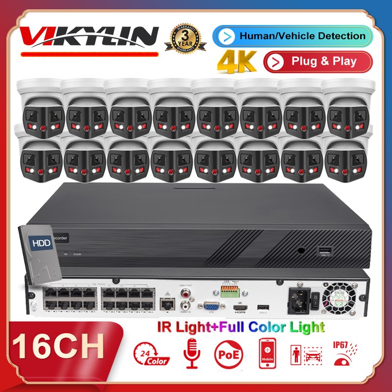 Vikylin 4K 16ch 16POE CCTV System 8MP 180 degree Full Color IR Camera Mic Lot