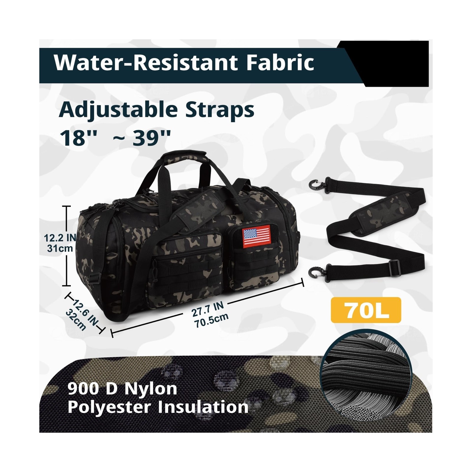 Tactical Gym Bag for Men，70L Large 3 in 1 Sports Duffle Bag with Sh... Fa