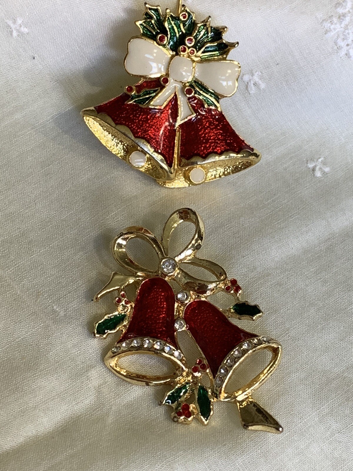 Vintage 2 Enamel Bell Christmas Holiday Brooch Pin XN-39