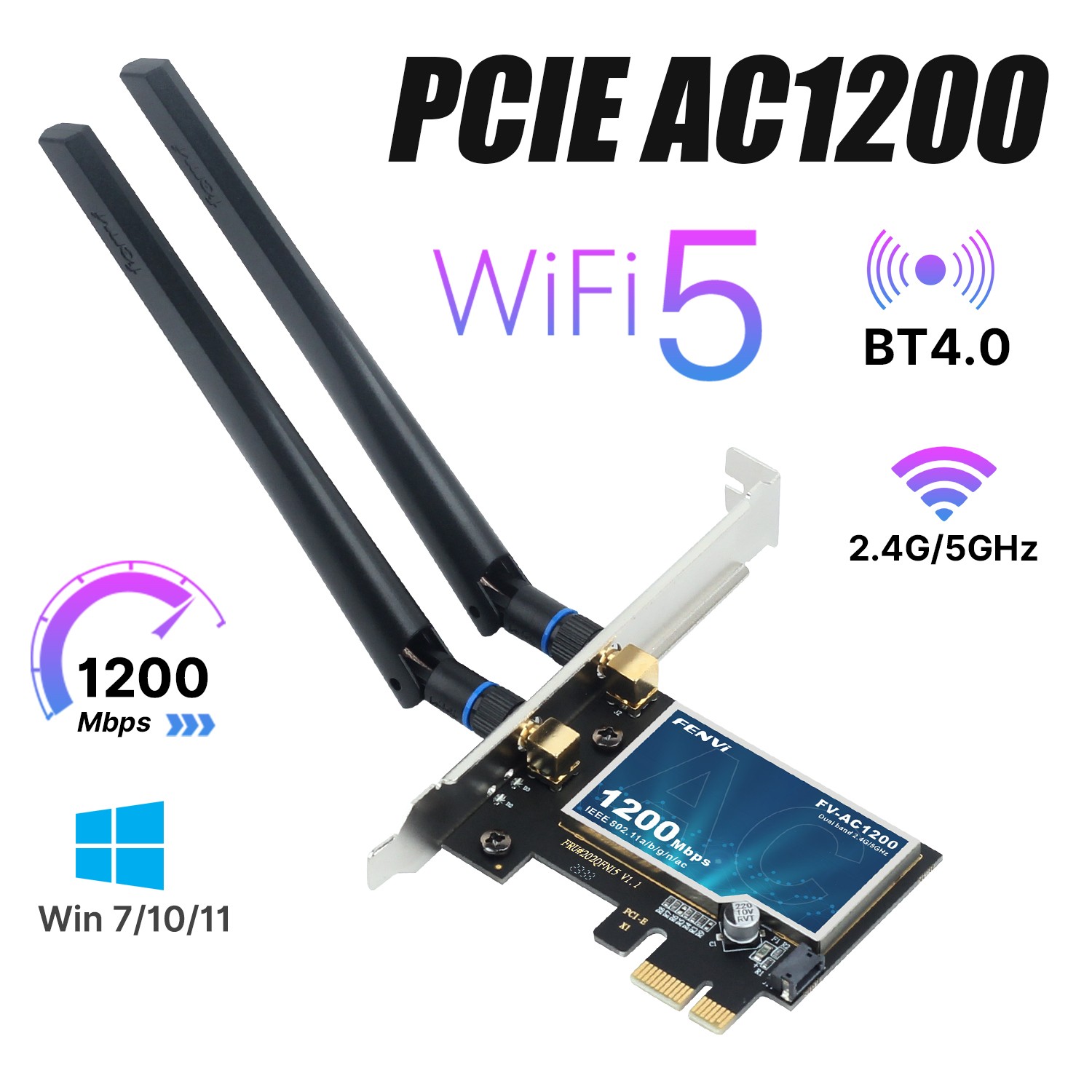 PCIe WiFi5 Card AC1200 Dual Band 802.11ac BT4.0 1200Mbps Desktop PC WiFi Adapter