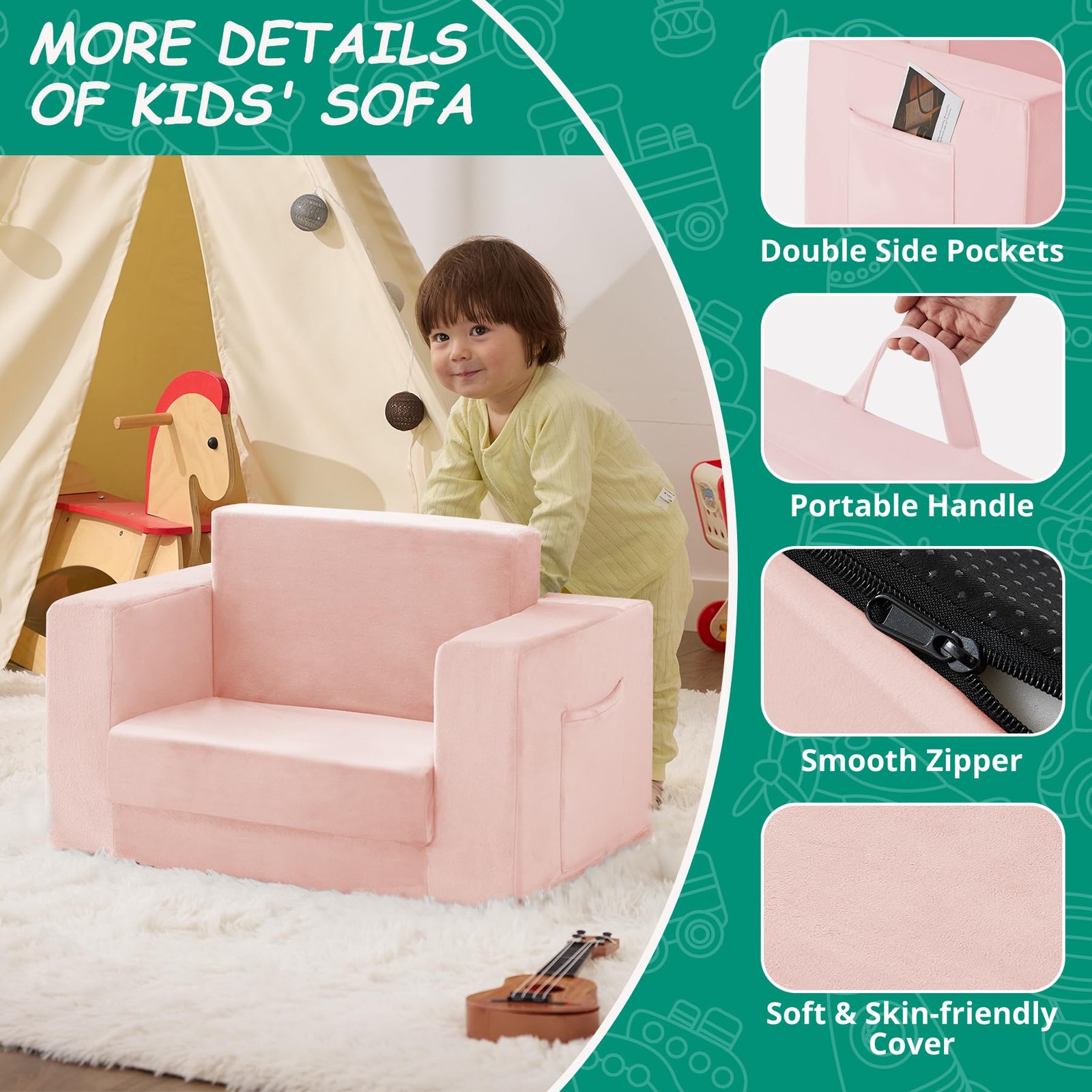 Zorvoxz Kids Couch, 2in1 Toddler Chair Comfy 13 Years, Convertible Kids Chair...