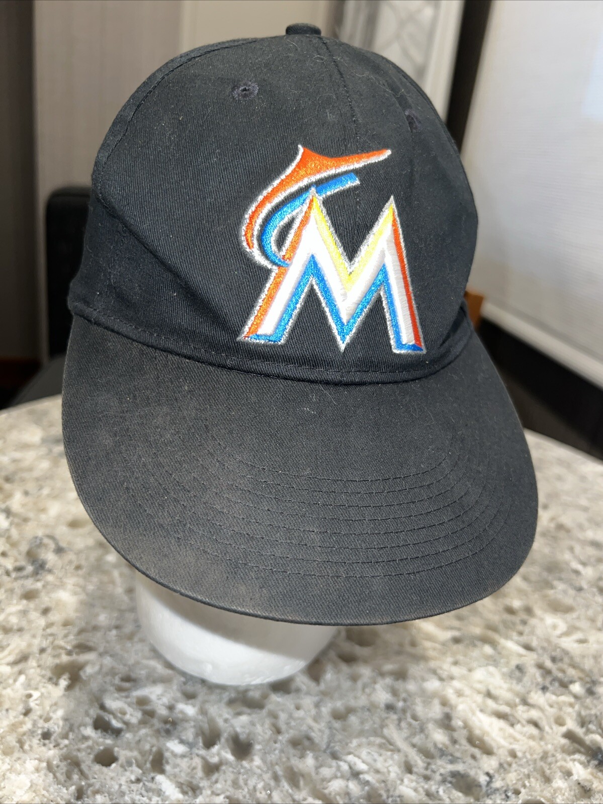 Miami Marlins MLB Black Hat Cap w M and Swoosh Orange Silver Blue Yellow White