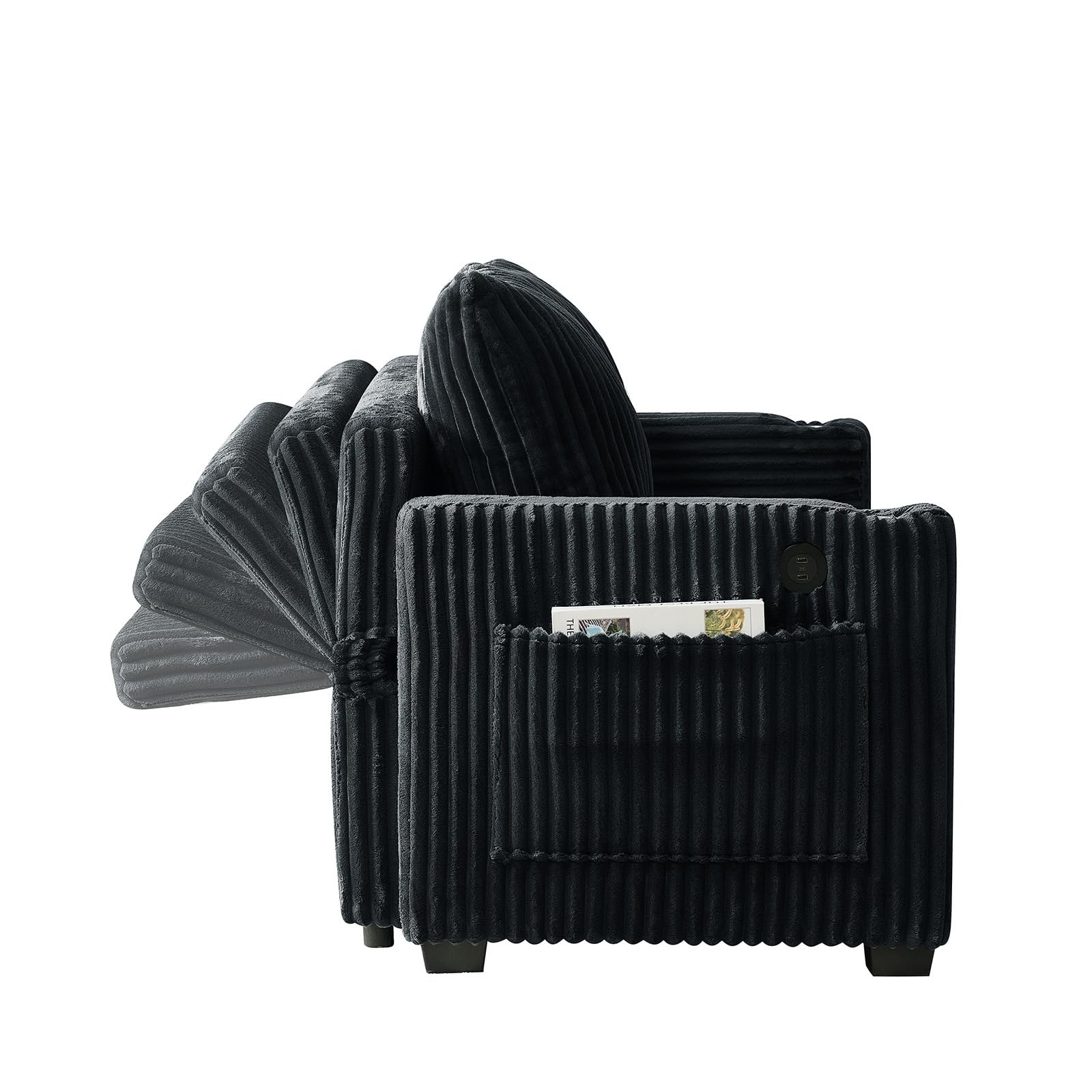 Pull Out Sofa Bed Convertible Corduroy Loveseat USB Charging Adjustable Black