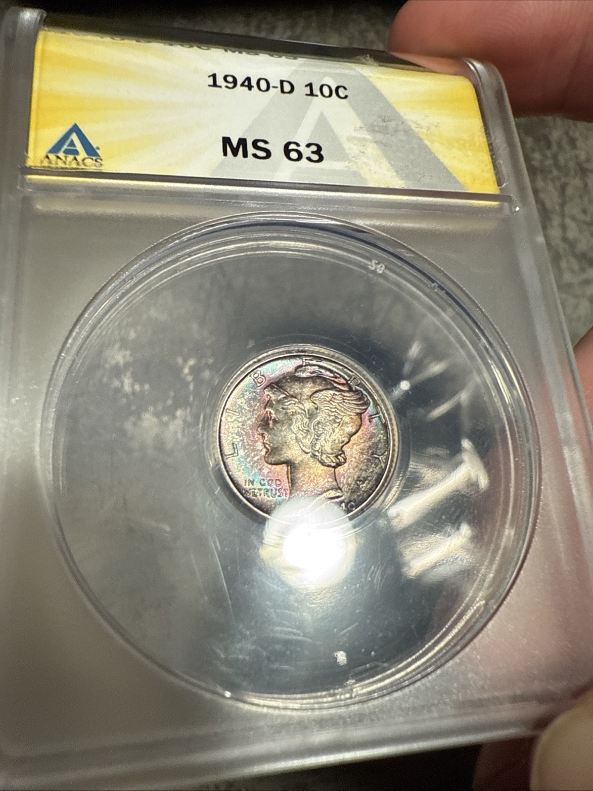 1940-D Mercury Dime ANACS MS63 Gorgeous Toning Wow
