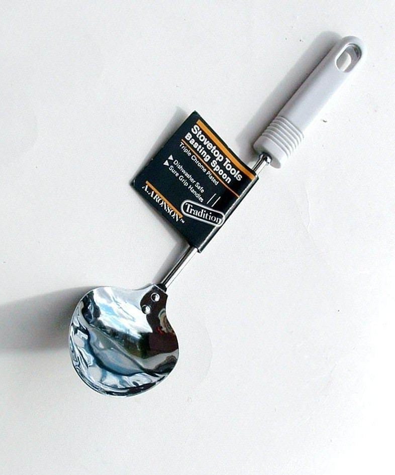 Aronson Basting Serving Spoon Triple Chrome Plated White Handle 12in