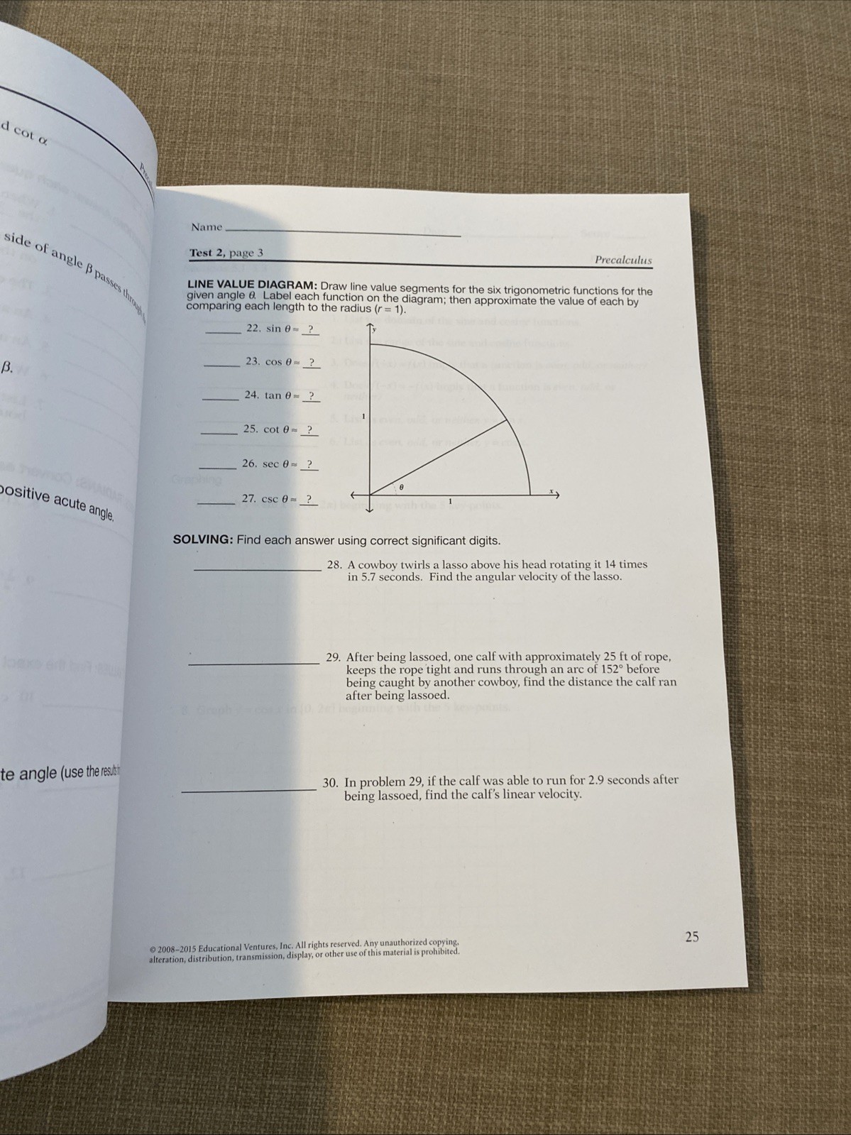 ABeka 12th grade Precalculus Student Quizzes/Tests No Writing