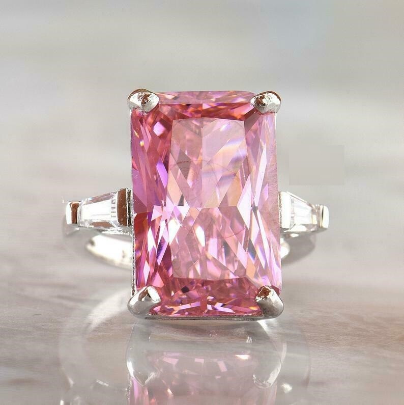 5 Ct Emerald Cut Lab Created Pink Sapphire Solitaire Ring 14K White Gold Plated