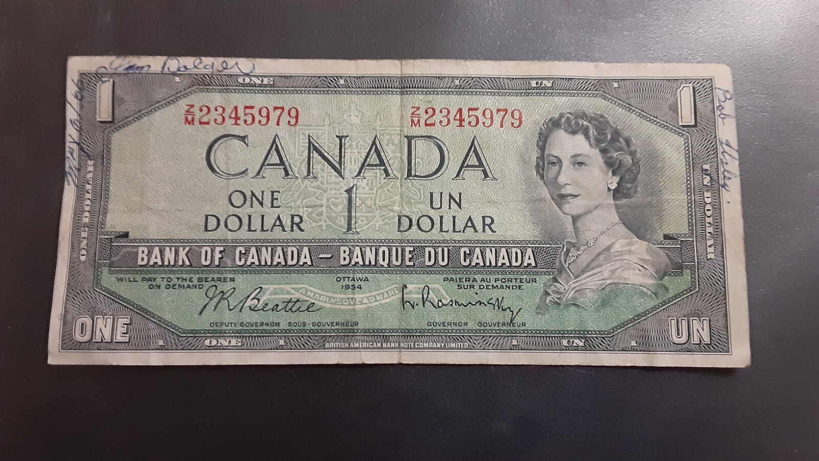 1954 Bank of Canada (Beattie/Rasminsky) Z/M2345979 1 Dollar circulated banknote