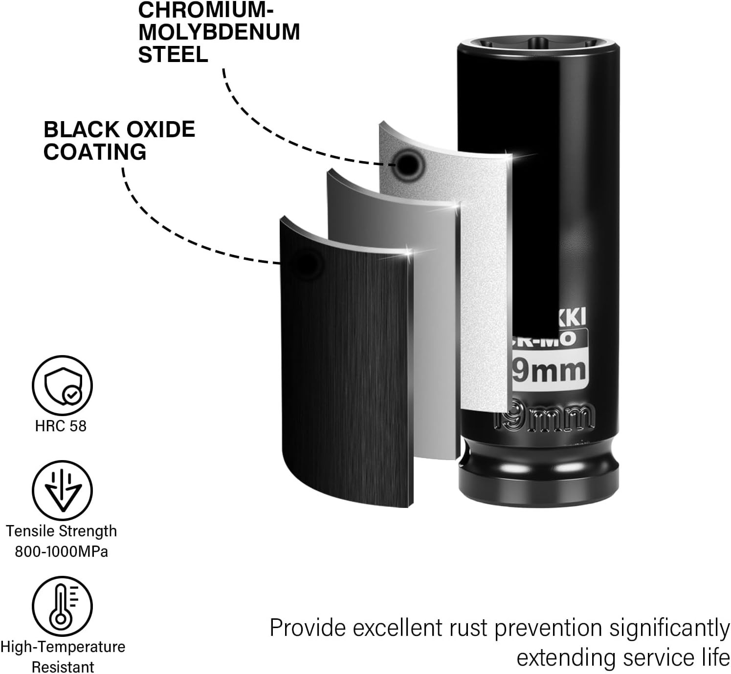 19mm 1/2" Drive Deep Socket - Chrome Molybdenum, Anti-Slip Design for Stability