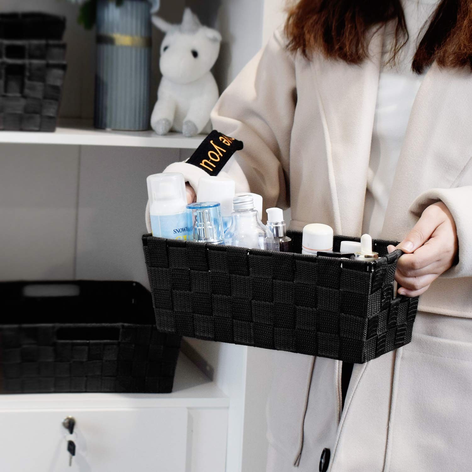 Woven Black Storage Baskets Shelf Tote Boxes 3 Pack, Strap