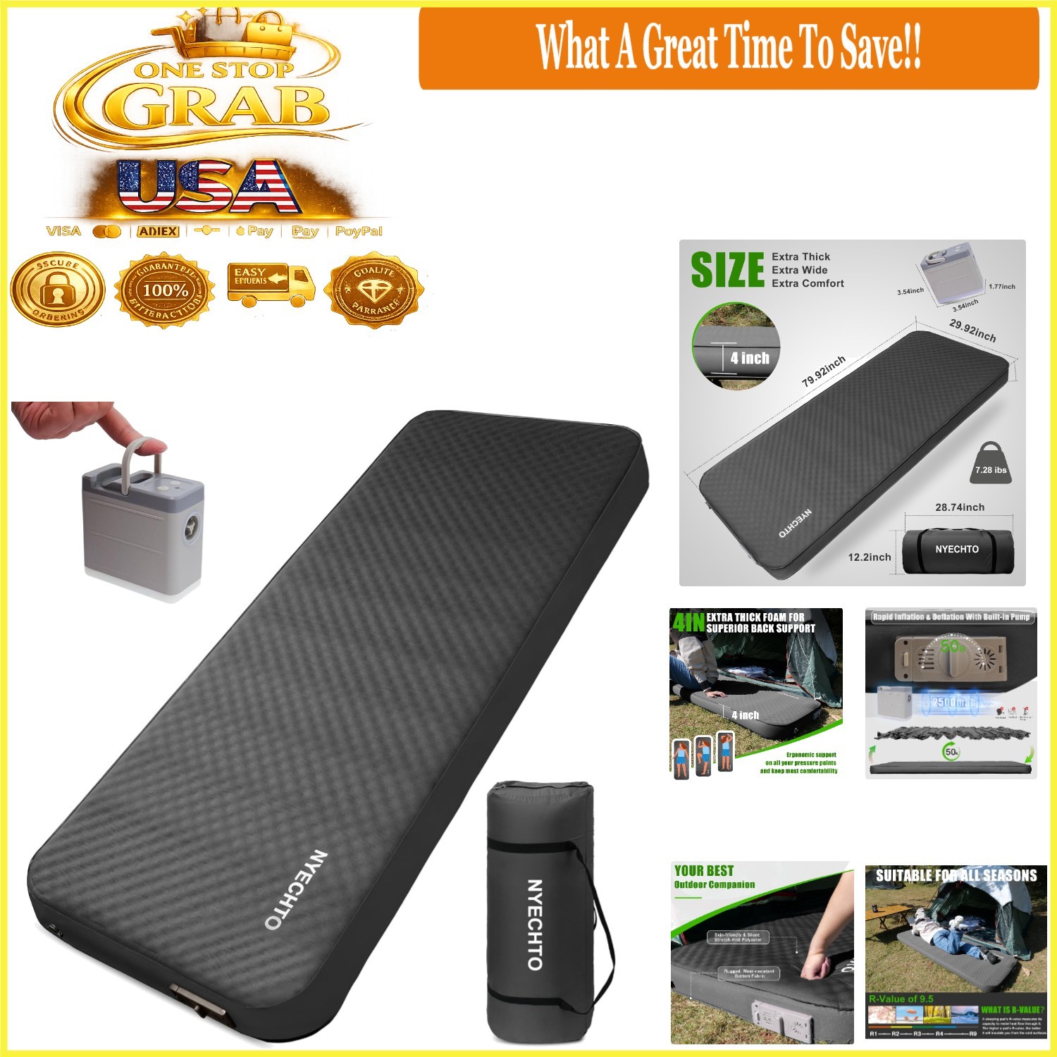Self-Inflating Camping Sleeping Pad with Electric Pump 4-inch Memory Foam Grey