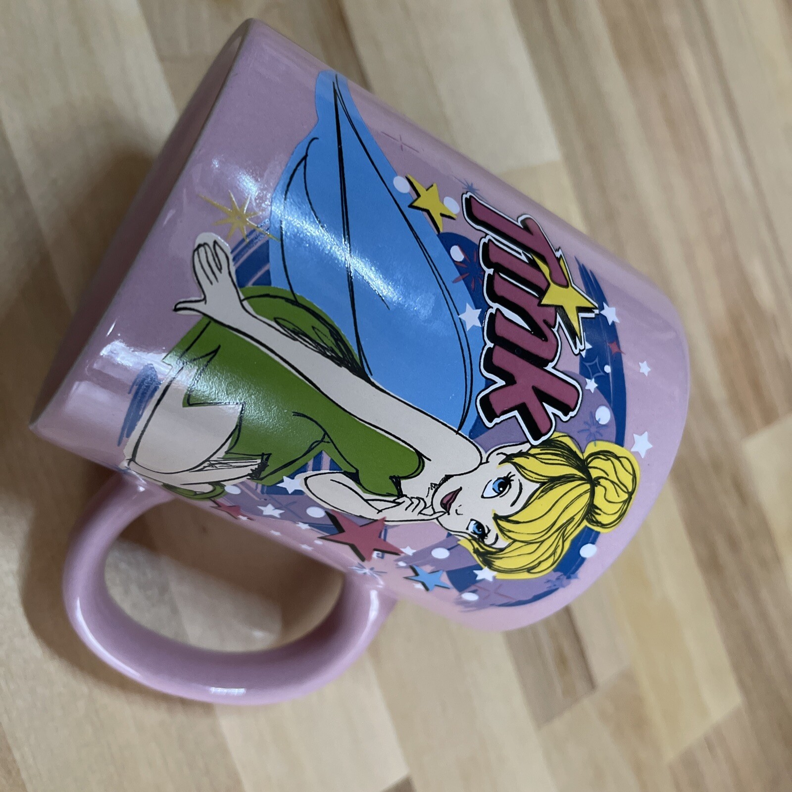 Retro Disney Tinkerbell Coffee Cup "Tink" 14 Oz Pink Blue Ceramic Mug 80's