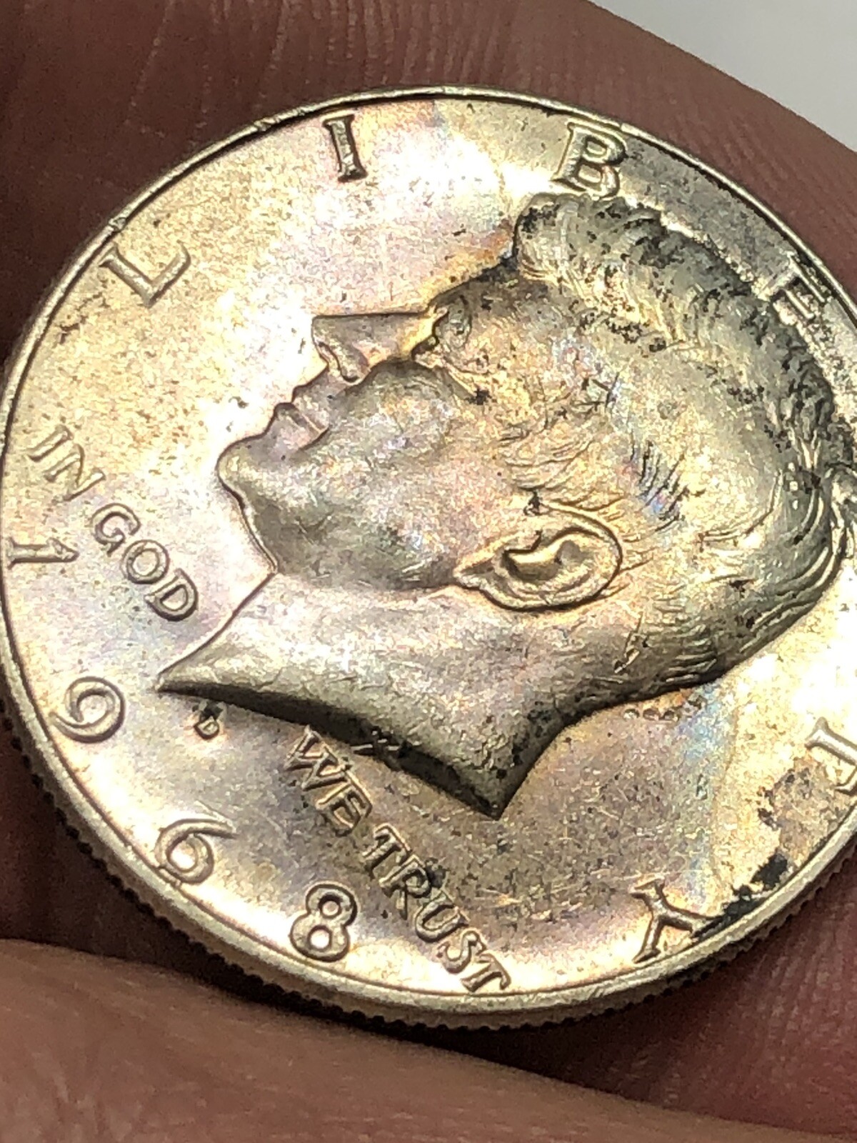 1968 D Silver Kennedy Half Dollar - Beautiful Purple Holder Tone AU Details XF