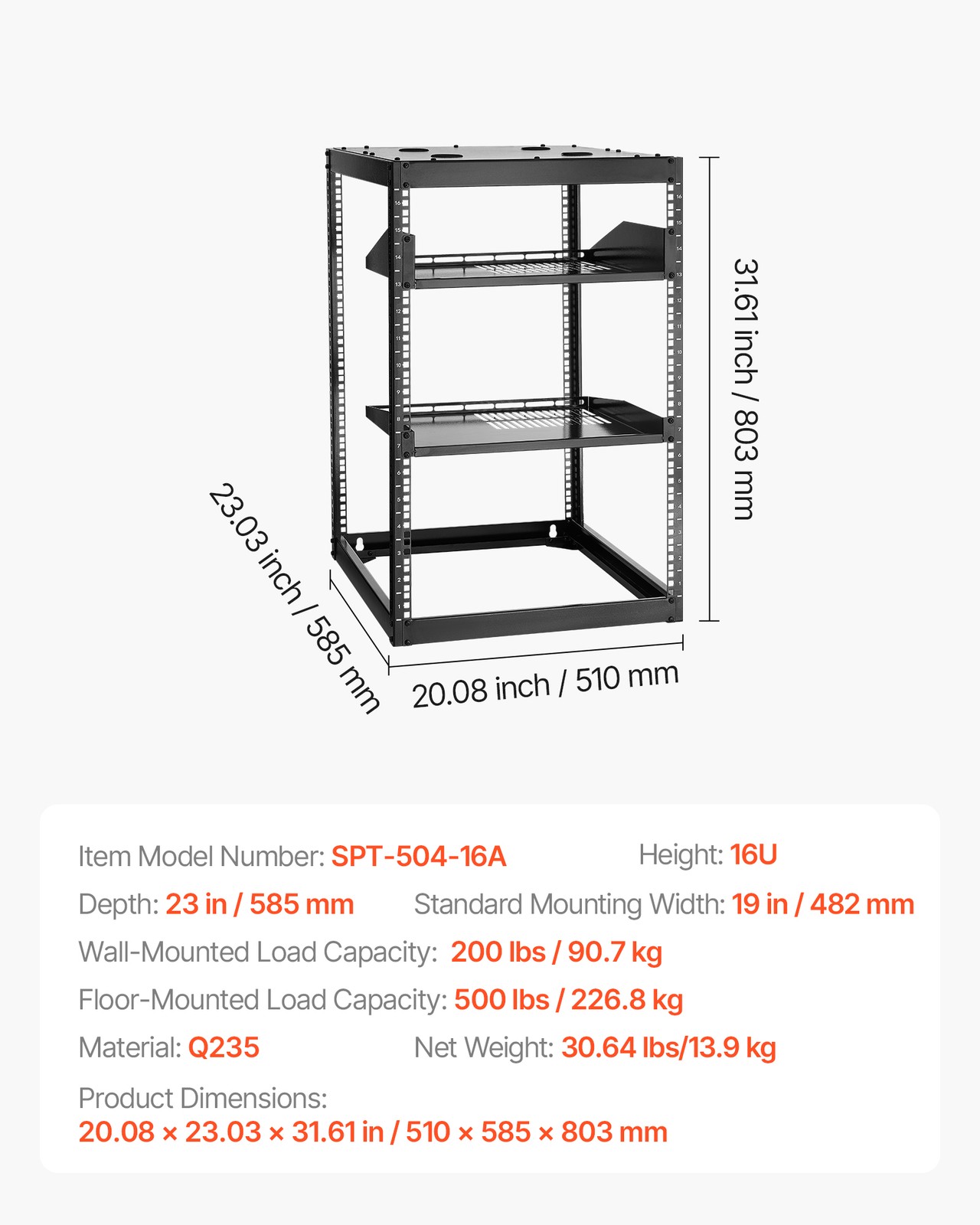 VEVOR 16U Open Frame Network Rack Wall Mounted Server Rack 4 Post with Shelves