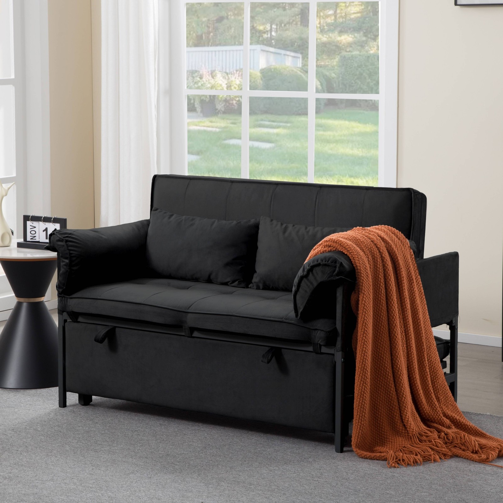 46" Velvet Sleeper Sofa Bed Twin Size Pull-Out Reclining Back 5 Angle Recline