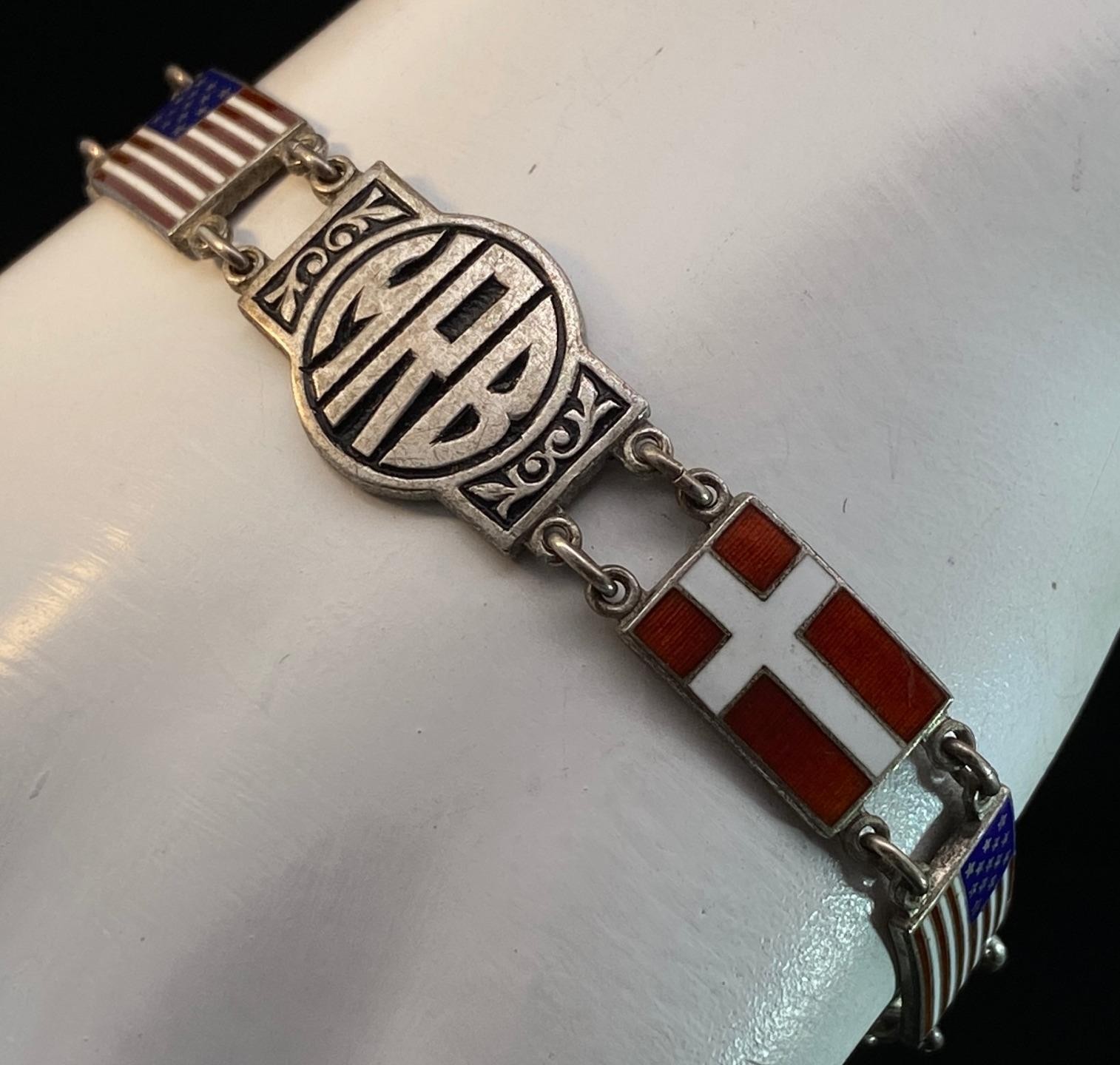 WWII Sterling Military Enamel Service Allied Flags Sweetheart Bracelet 7" B45