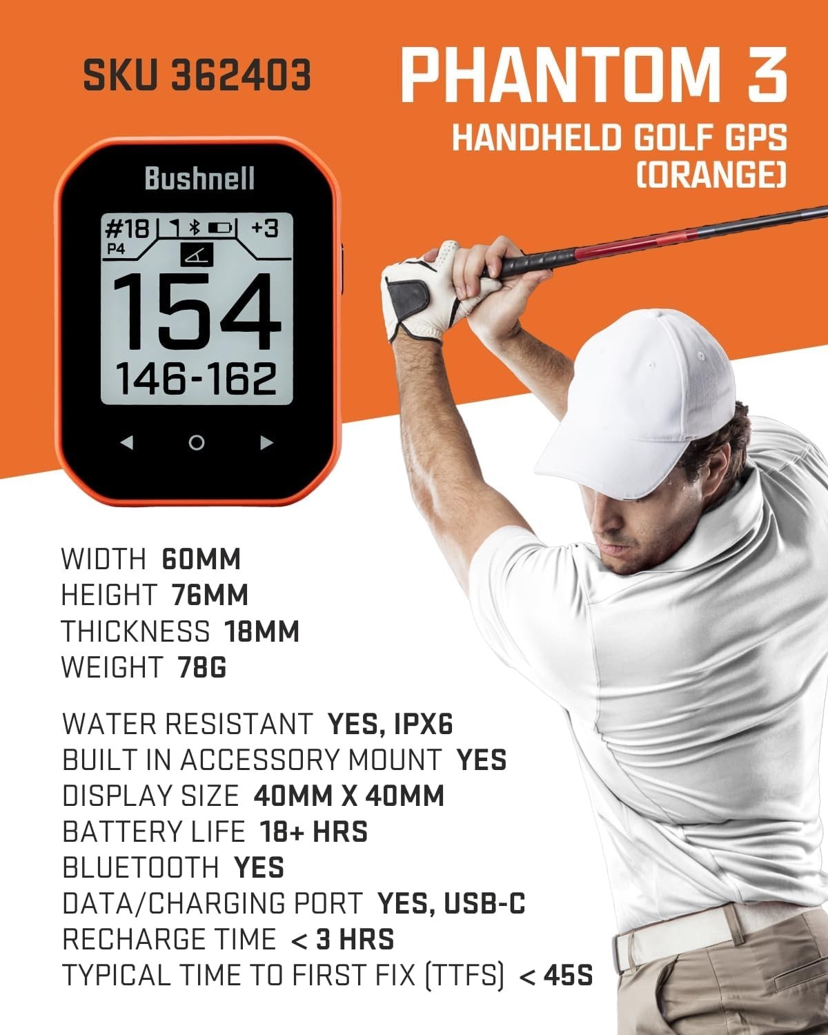Bushnell Phantom 3 Touchscreen Handheld Golf GPS Slope Rangefinder - Orange -NEW