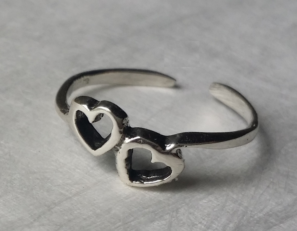 Sterling Silver 925 Dainty Toe Ring Double Heart Two Little Hearts Adjustable