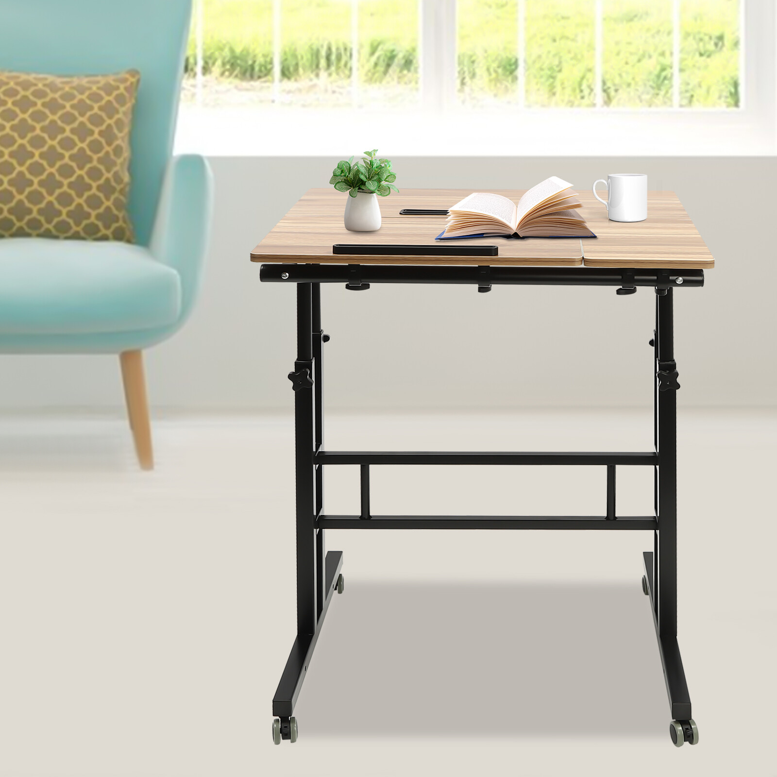 Rolling Laptop Desk Adjustable Height Computer Table Stand up Office Workstation