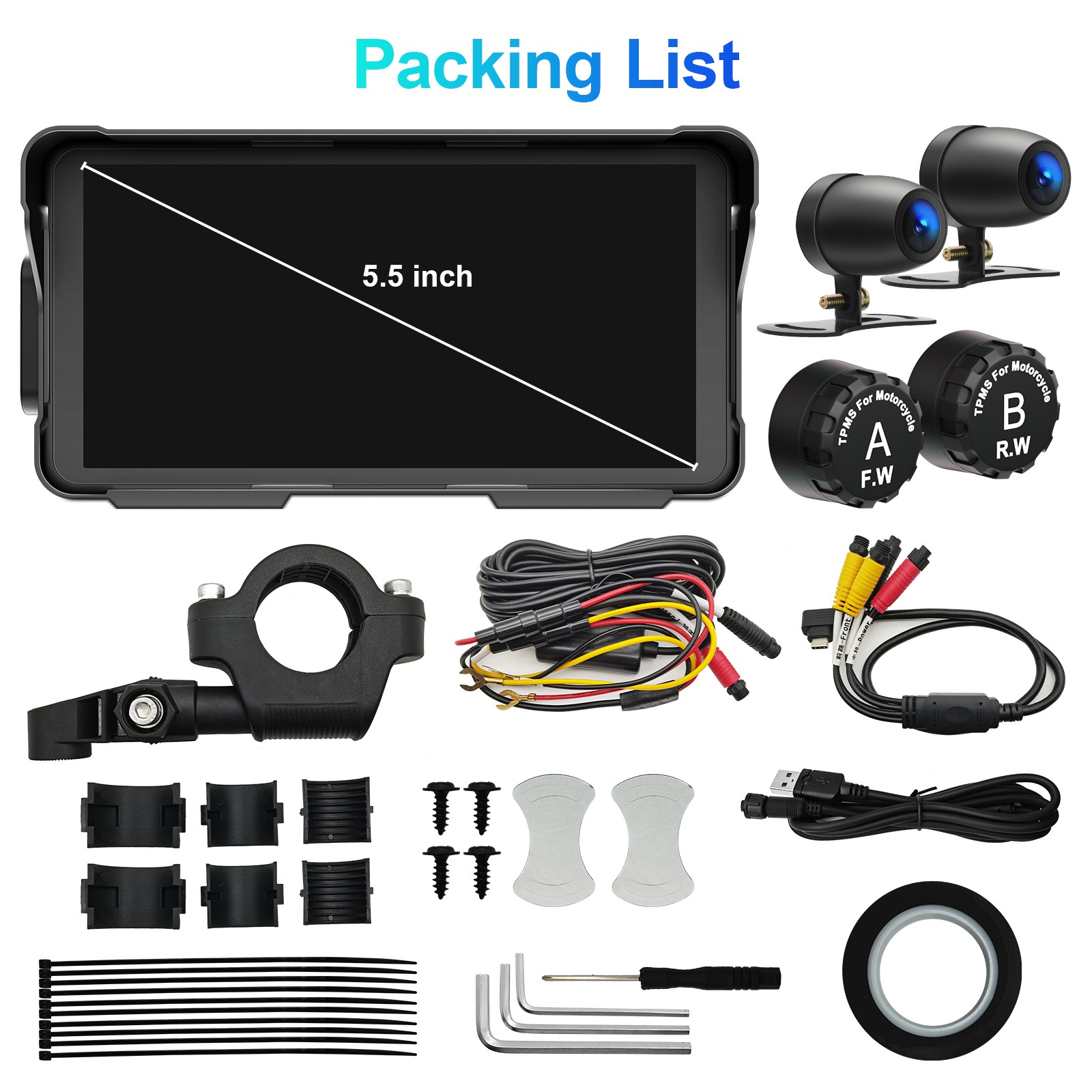 Motorcycle Dash Cam Front Rear 5.5" Wireless Carplay Android Auto Touchscreen