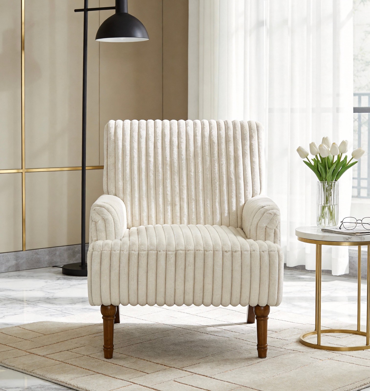 Beige Wide Wale Corduroy Accent Chair Modern Upholstered Armchair Wood Legs
