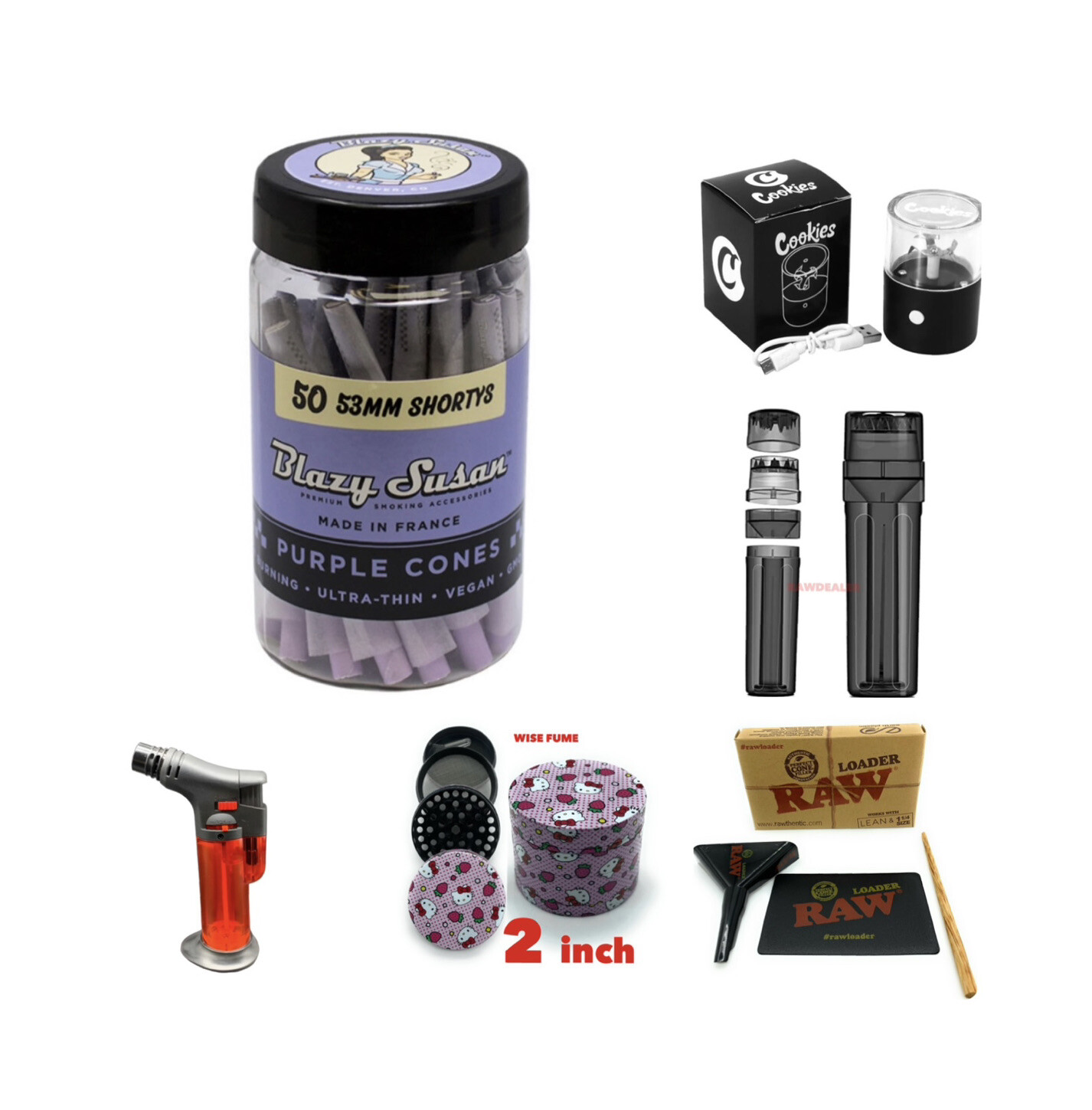 blazy susan pre cone 53mm short PURPLE 50ct JAR+raw cone loader+torch+grinder