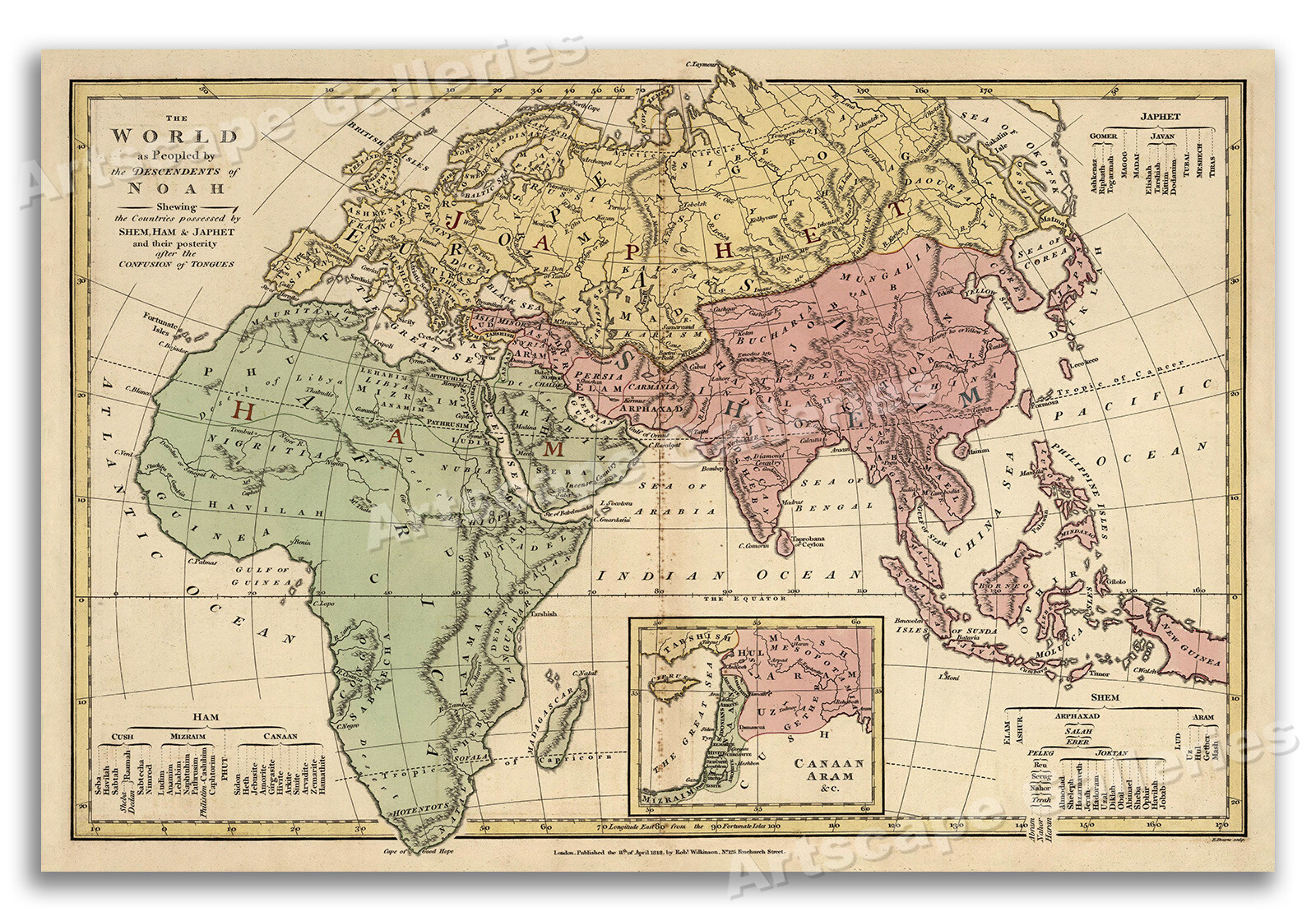 1818 Map of the World as Peopled by Descendents of Noah - 24x36