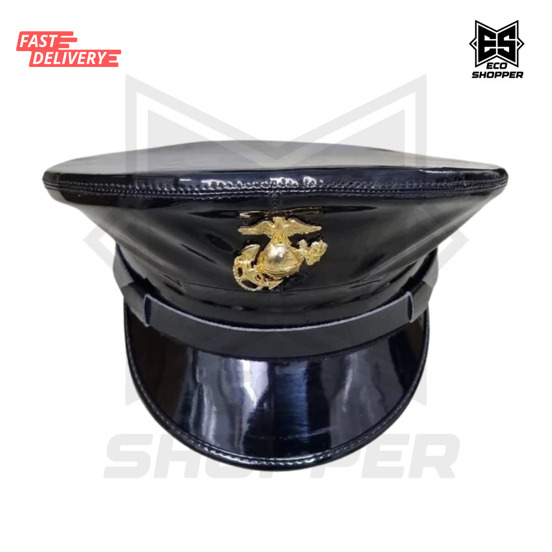 USMC Marine Corps Dress Blue Enlisted Vinyl Service Black Dress Cap Hat