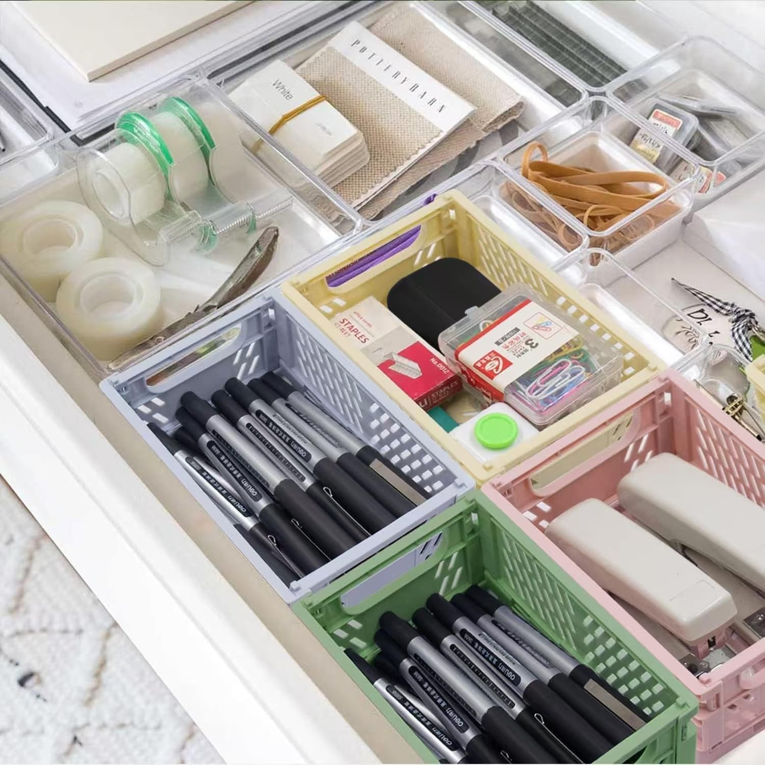 Space-Saving 4 Pack Plastic Folding Crates - Versatile Storage Baskets in Pastel