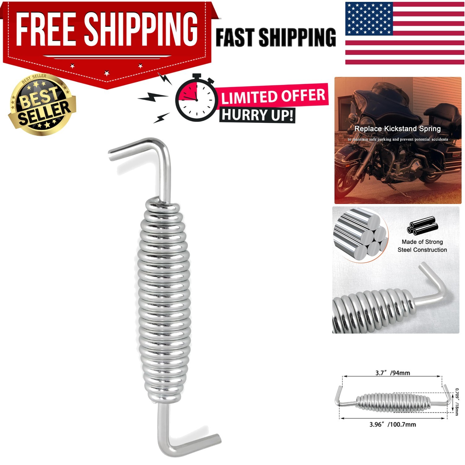 Kickstand Spring, Jiffy Stand spring for Touring 1999-2006, for  Color: CHROME
