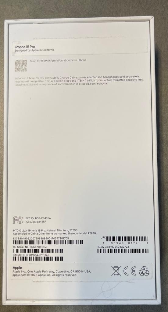 BOX ONLY Apple iPhone 15 Pro Natural Titanium Model 2848
