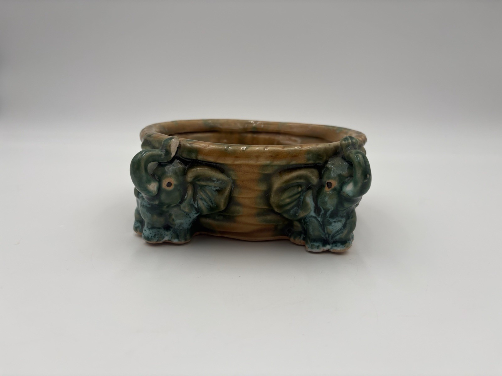 Majolica Style Ceramic Trunks Up Elephant Planter