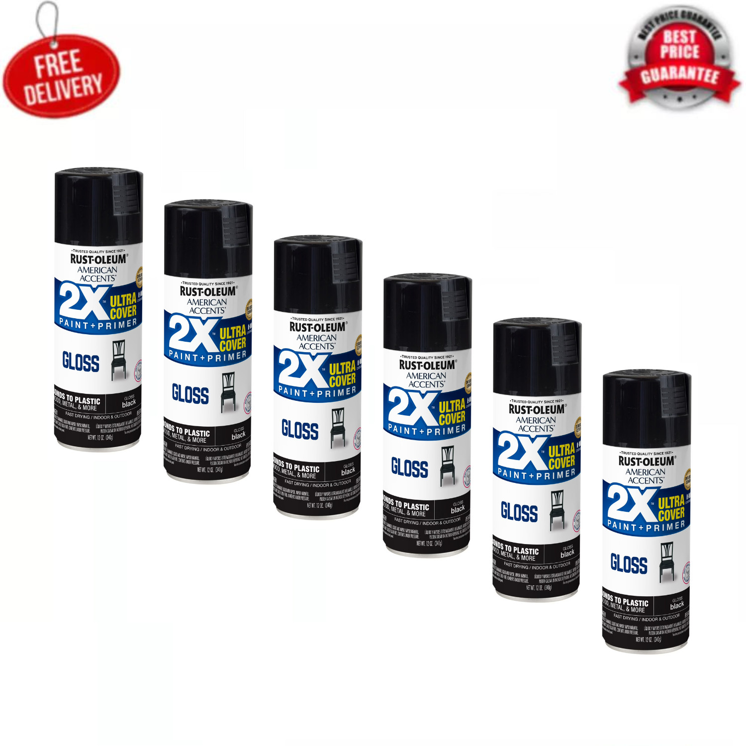 Black, Rust-Oleum American Accents 2X Ultra Cover Gloss Spray Paint 12 oz 6 Pack