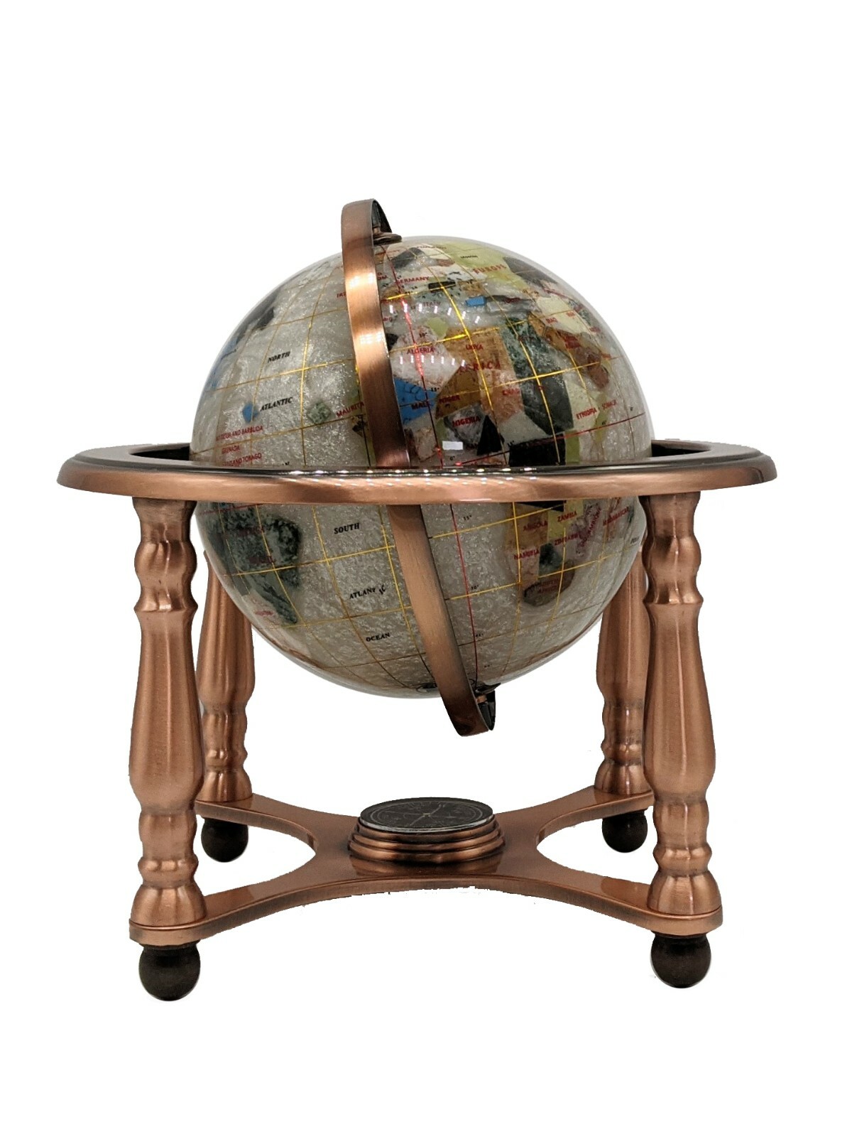 10" Tall Pearl Ocean Copper Zinc Alloy 4leg table stand Gemstone World globe Map