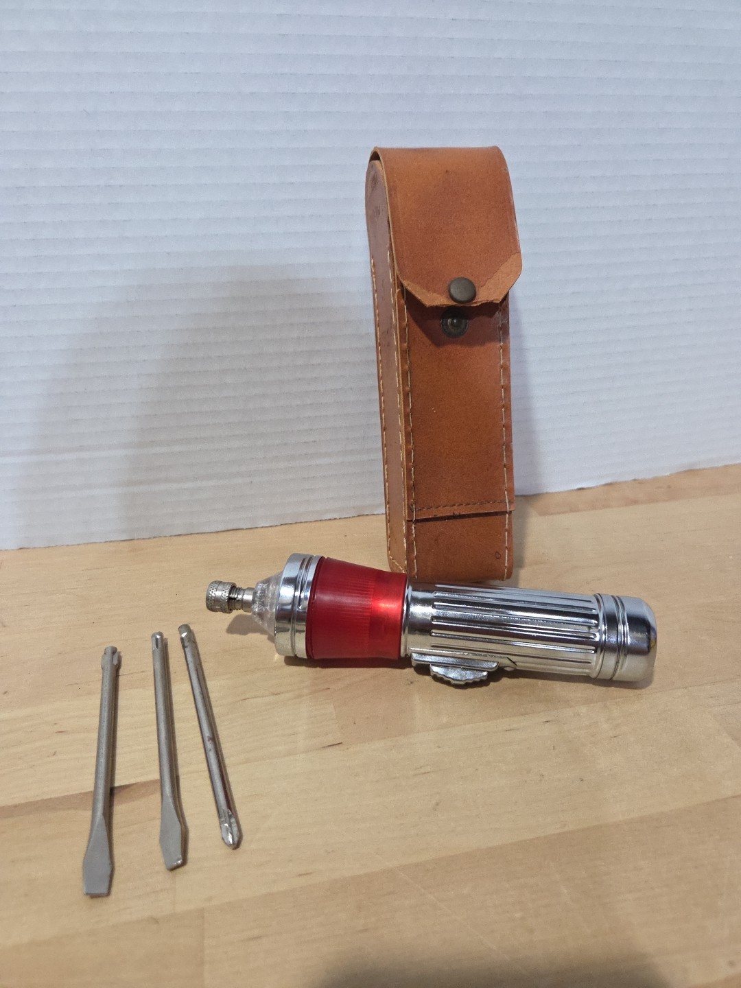 Vintage W.T.  Flashlight Screwdriver Kit Leather Case Chrome Works