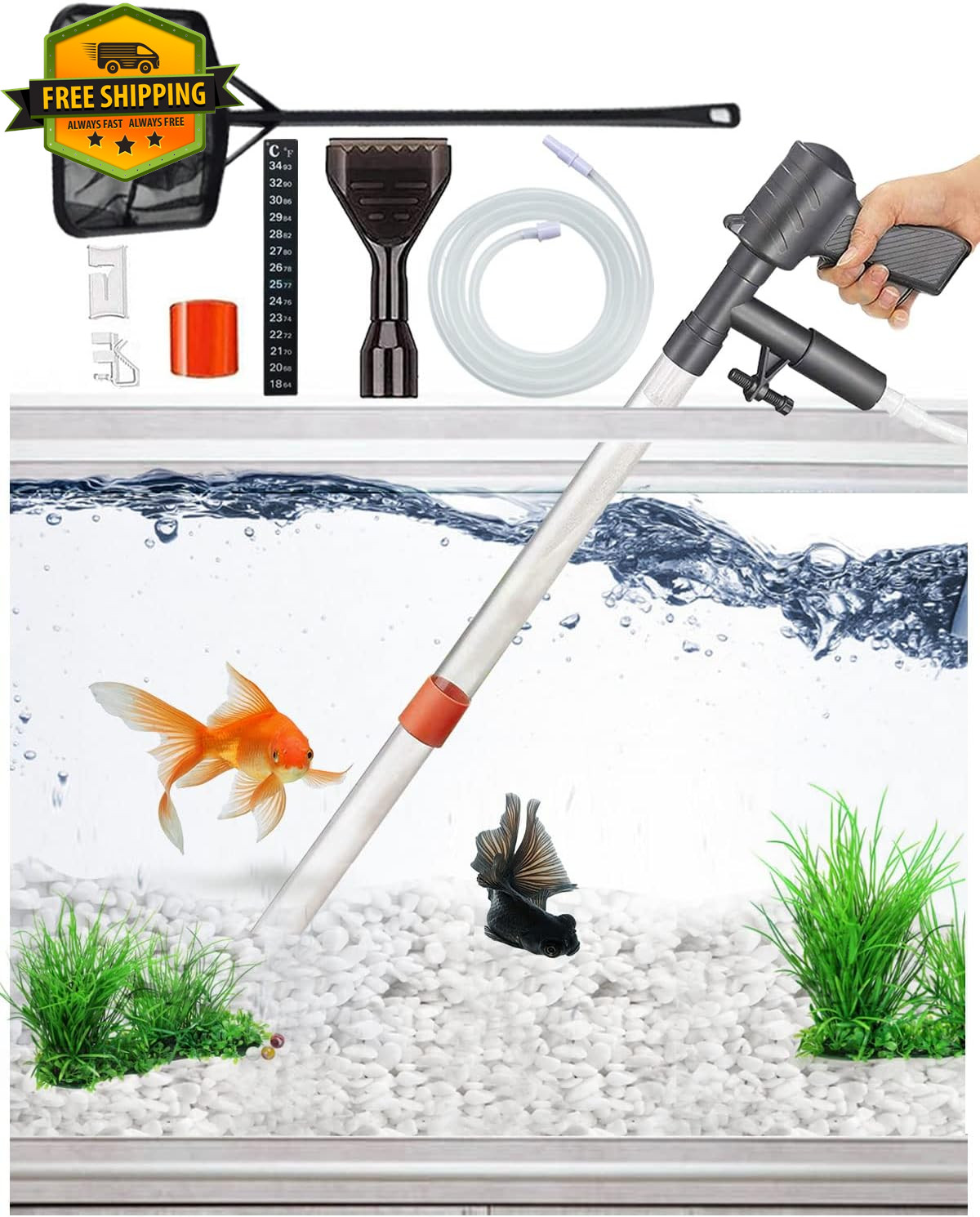 Aquarium Gravel Cleaner Vacuum Fish Tank Water Changer Thermometer Net Kit