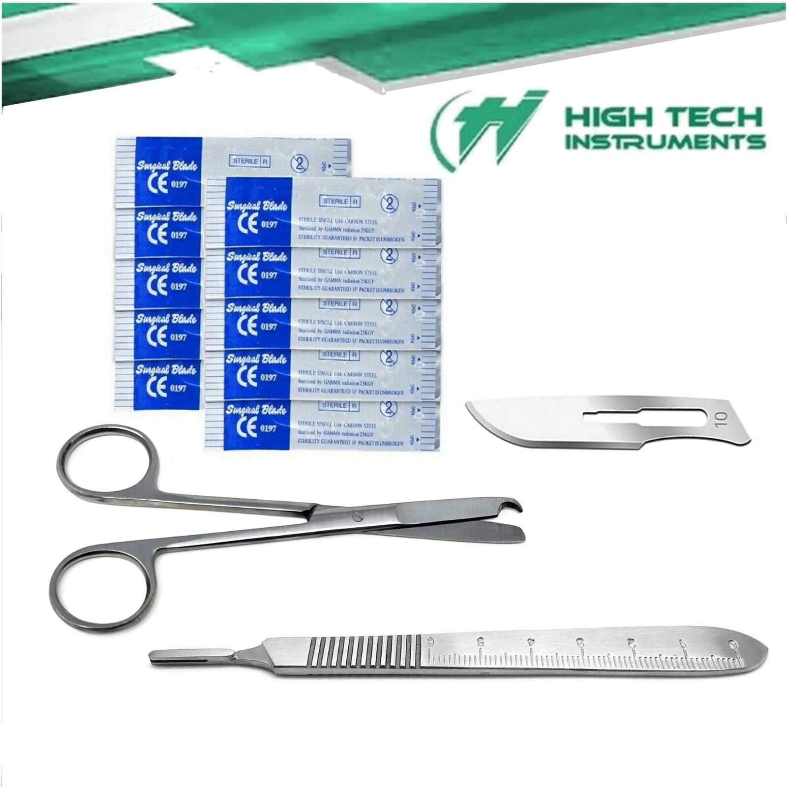 Suture Stitch Scissors 4.5"+Scalpel Handle #3 + 10 Surgical Blades #10
