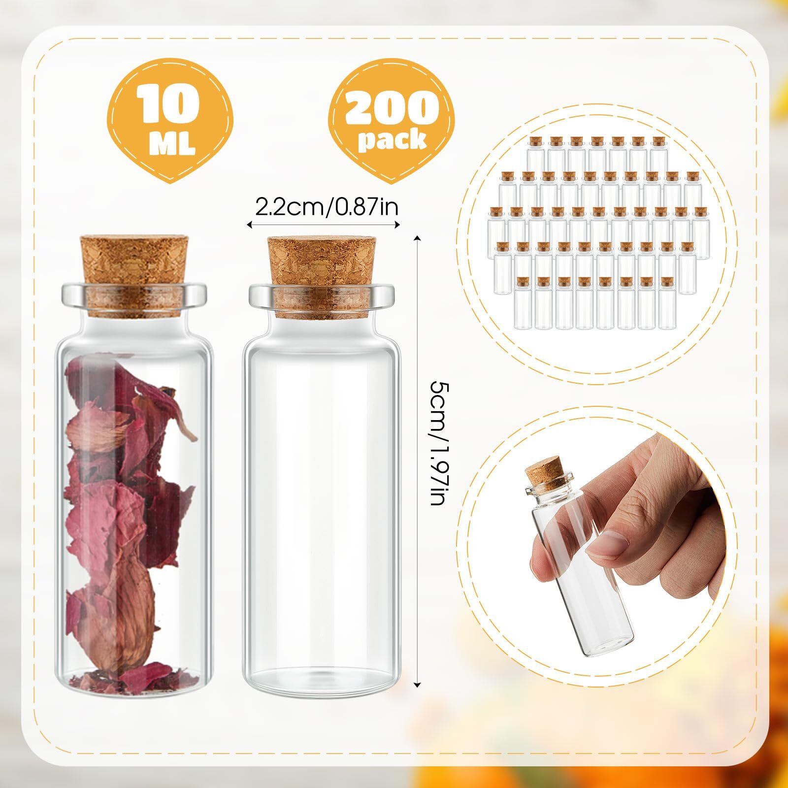 200 Pcs Empty Small Glass Bottles with Cork Stoppers Bulk Tiny Clear Vials Tr...
