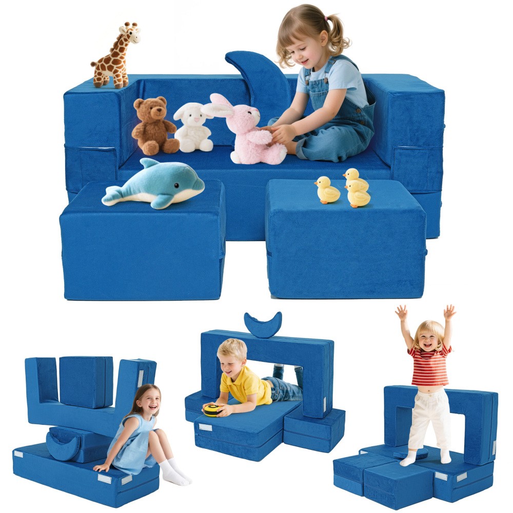 Foldable 5-Piece Kids Play Couch Sofa, Convertible Fort Floor Cushion Toddler