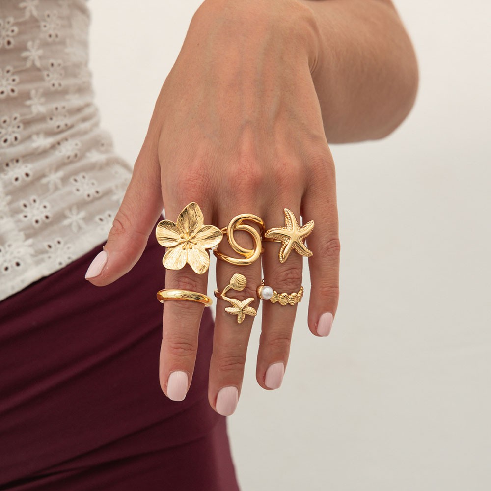 Adjustable Open Coastal Statement Ring Set Sun Starfish Flower for Summer Party