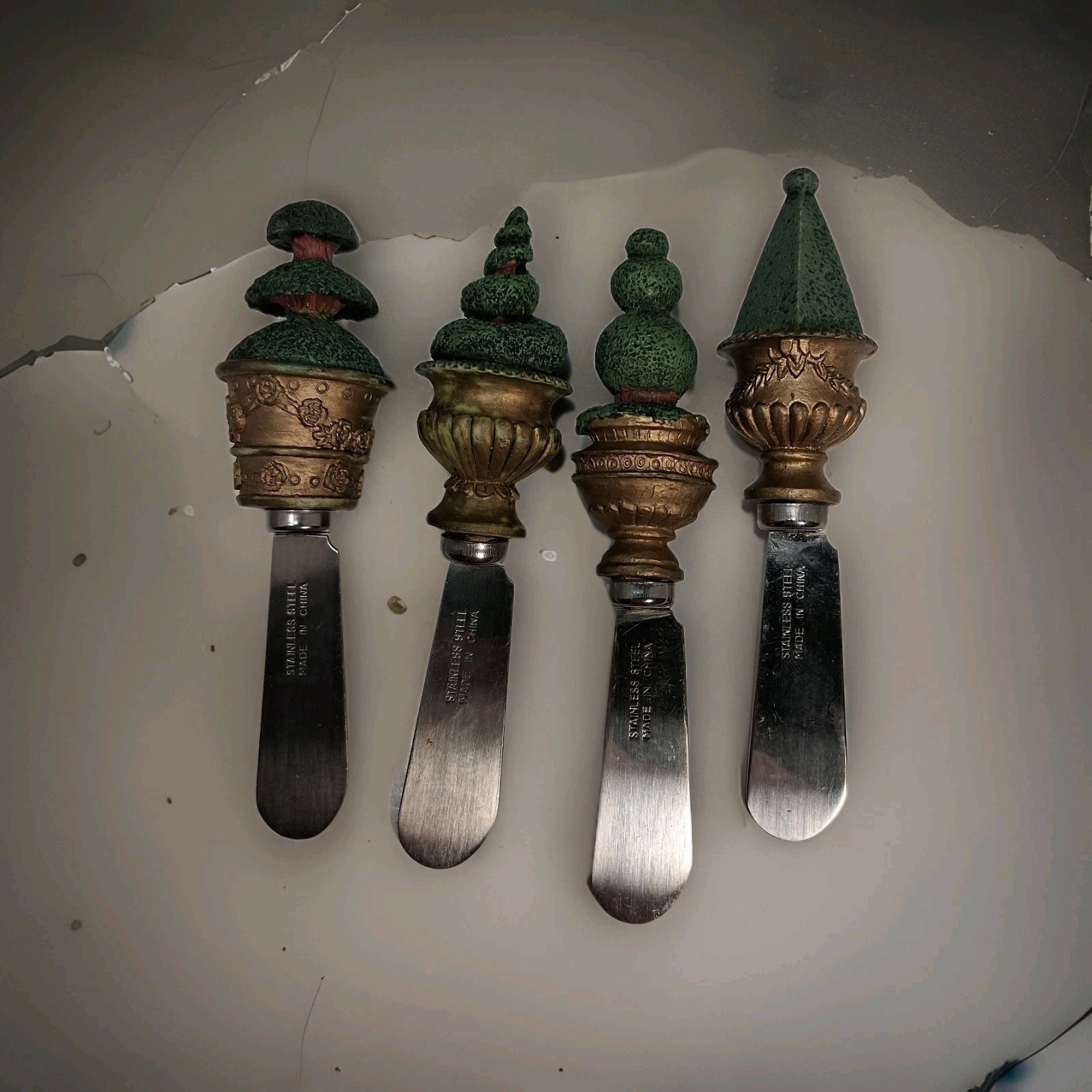 Set Of Four Topiary/Tree Themed Cheese / Butter Spreaders Stainless Steel
