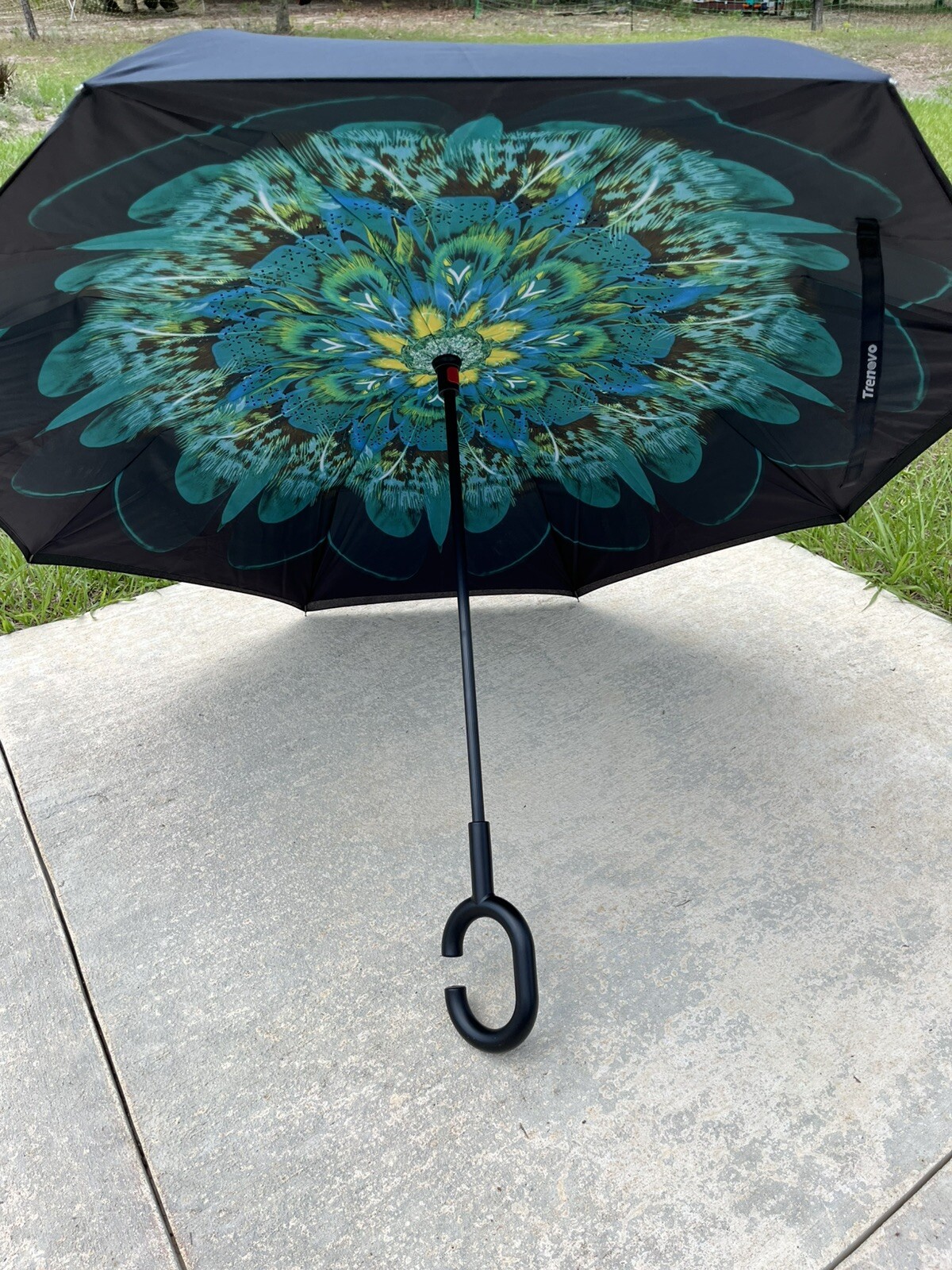 C-Handle Inverted Reverse Umbrella, Peacock Feathers (Inside Out, Upside Down)