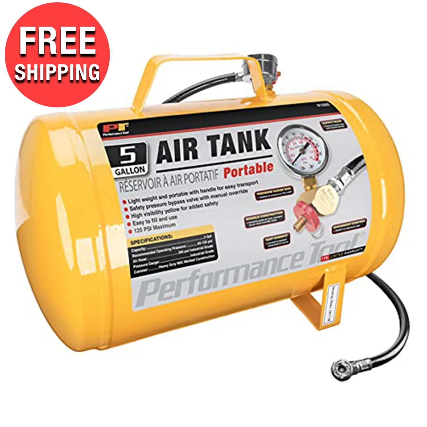 5 Gallon Portable Air Tank Steel w/ Pressure Gauge Carry Handle Tire Hose Chuck
