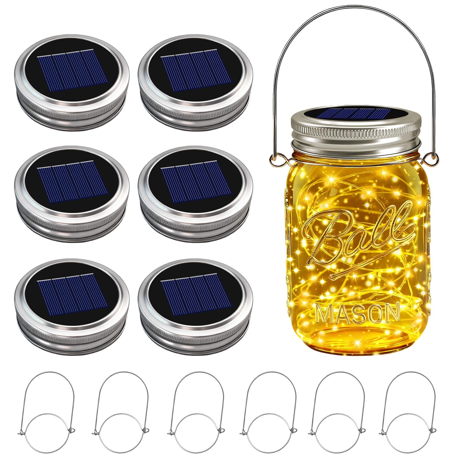 6 Pack Solar Mason Jar Lights for Outside, 30 LED Solar Mason Jar Lids Fairy Lig