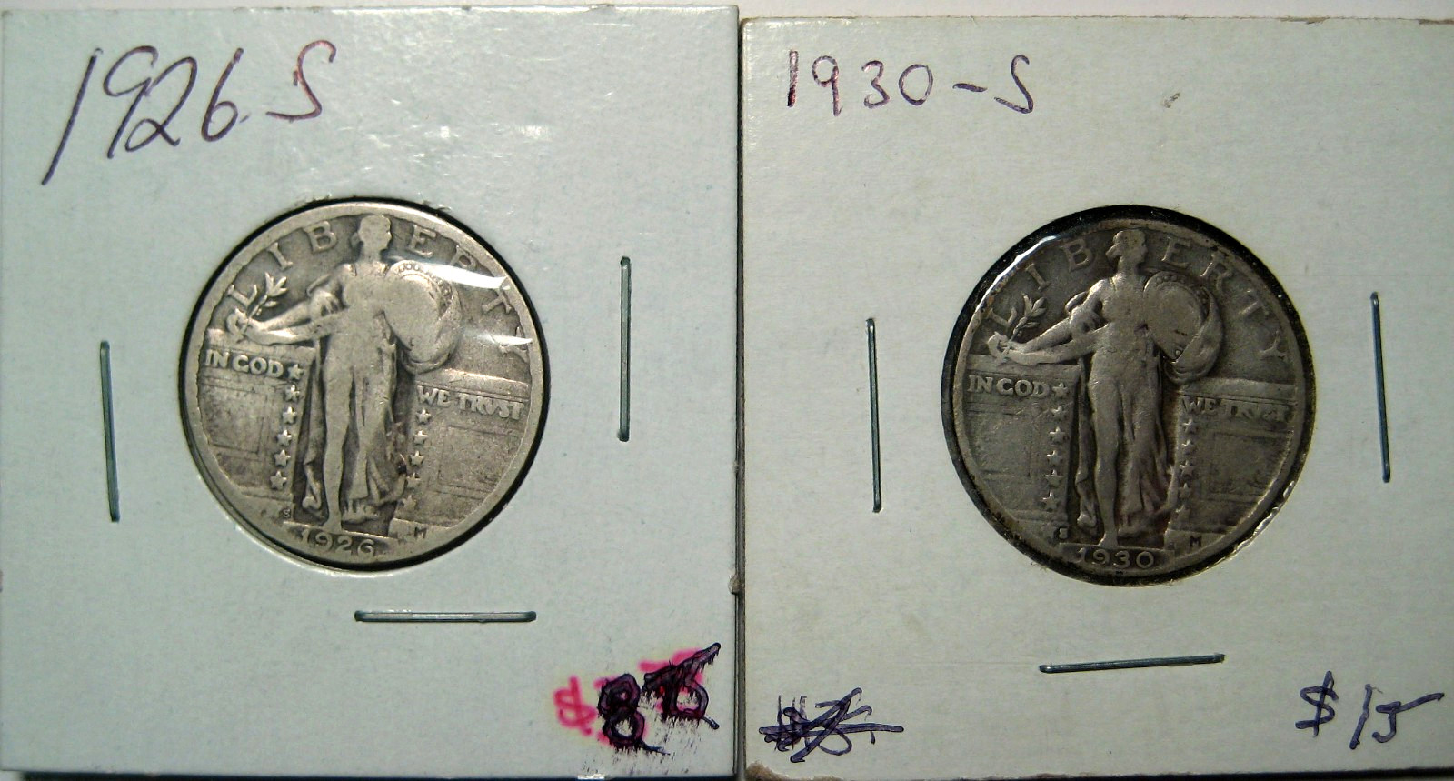 1926-S & 1930-S STANDING LIBERTY QUARTER  DOLLARS PERFECT ALBUM COINS FULL DATES