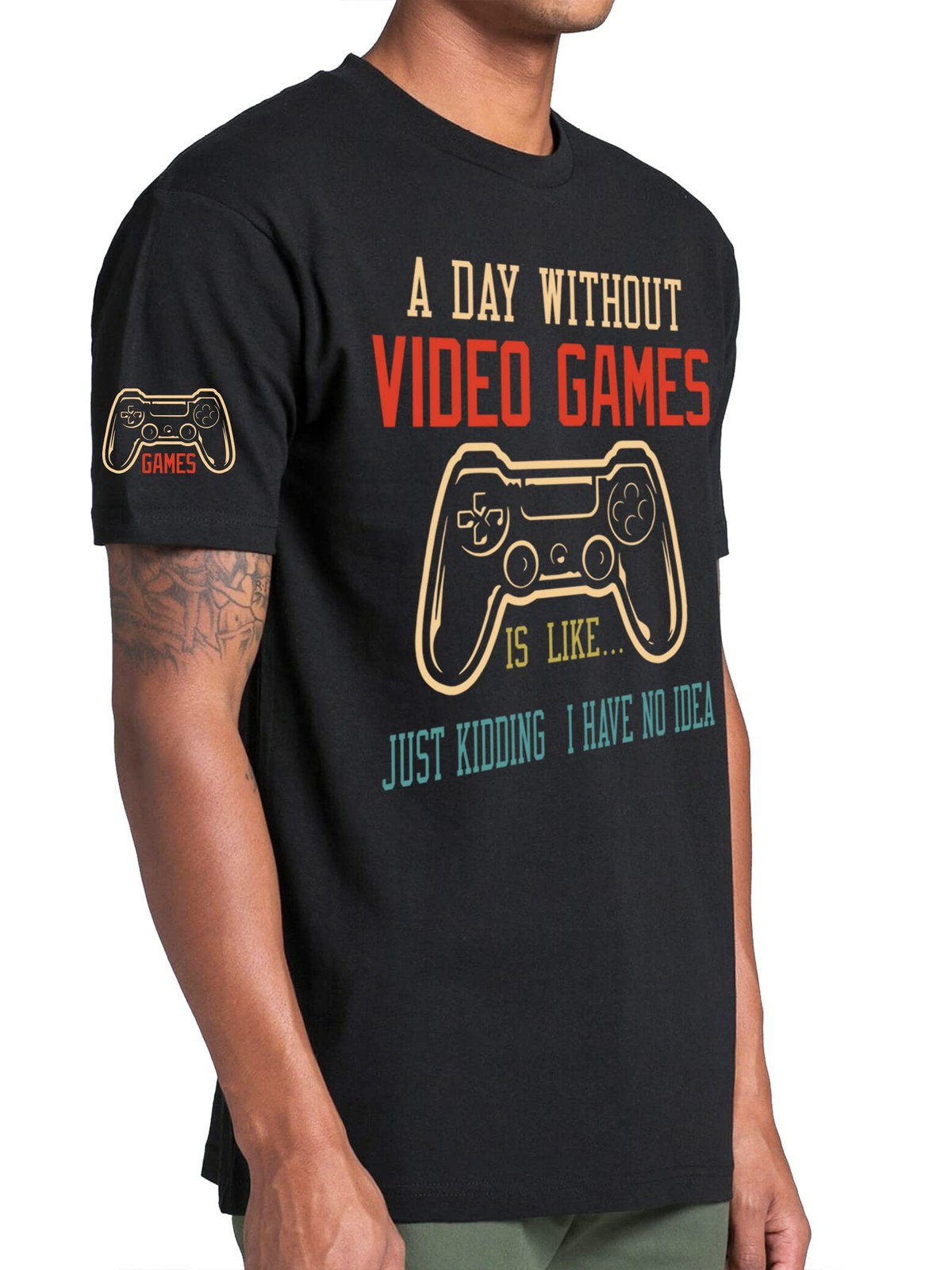 A Day Without Video Games is Like Funny Gamer T Shirt (Large, Large, Black