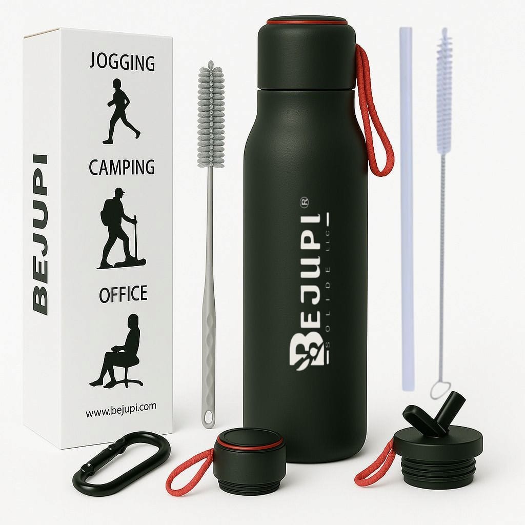 Bottle Stainless Steel Powder water Coated 16.9 oz Straw Lid &  Flip Lide Black