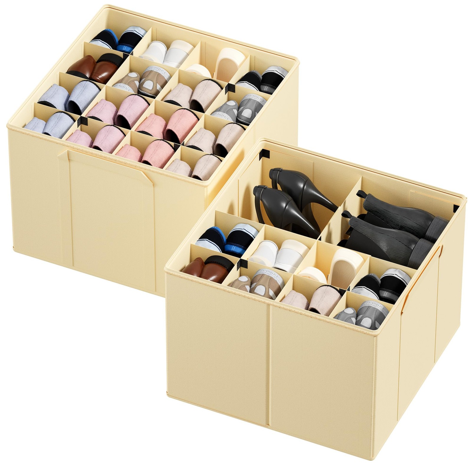 2 Pack Beige Shoe Organizer, Foldable, Dividers, Fits 16-32 Pairs, Bins