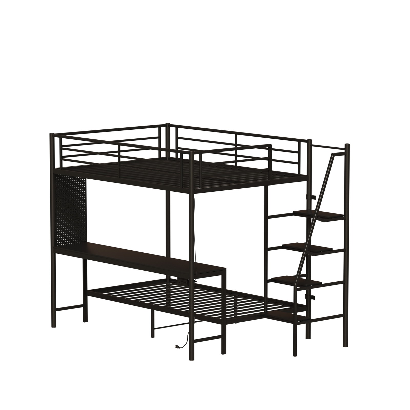 Modern Metal Bunk Bed Full Size Black Bed Frame w/LED light and Charging Socket
