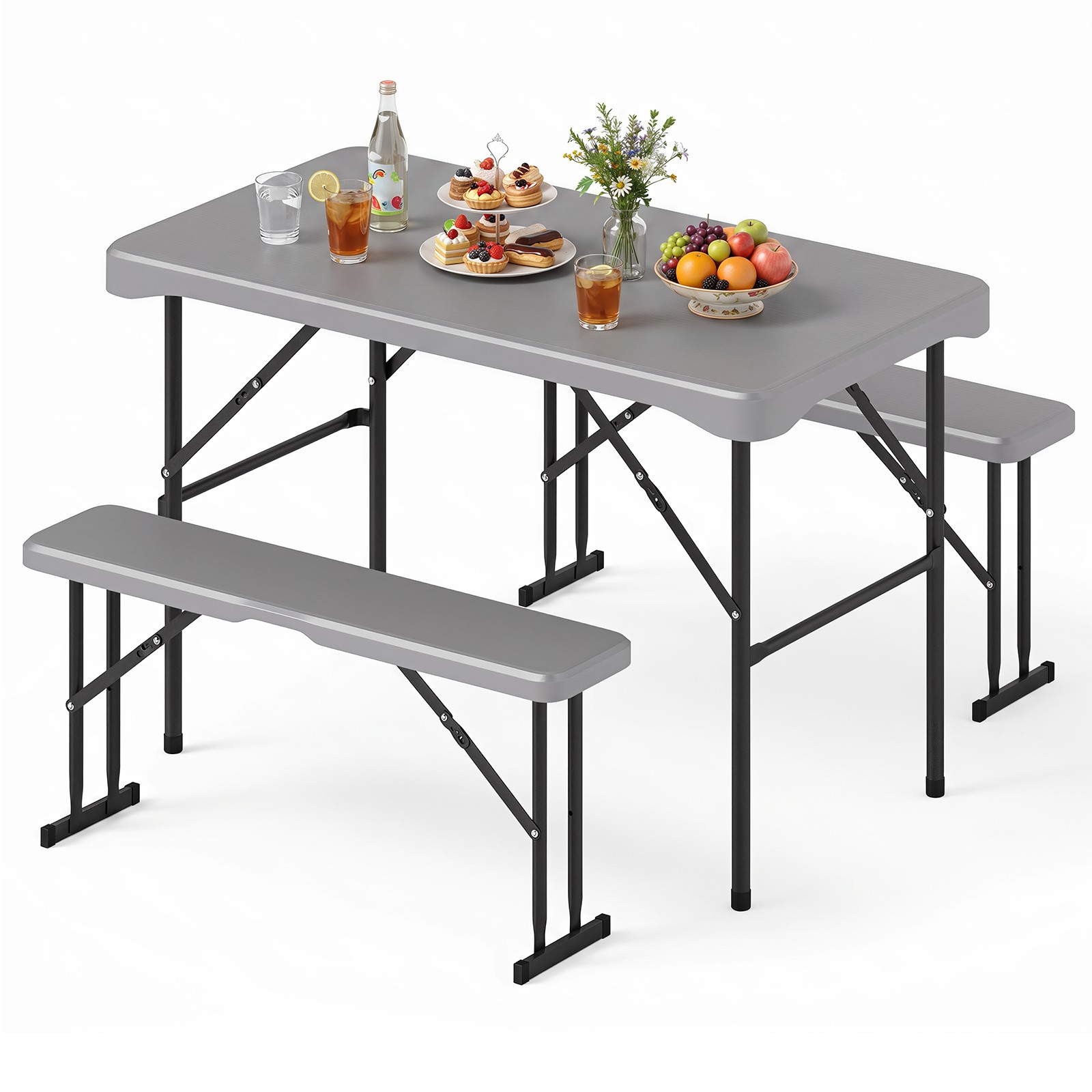 Folding Picnic Table Set with 2 Benches, Heavy-duty Metal Frame for BBQ Party